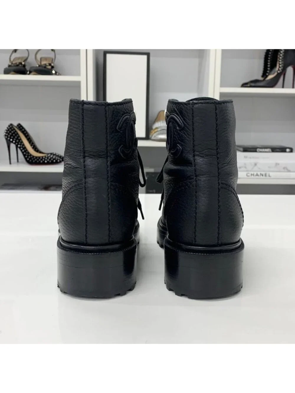 Chanel CC Logo Leather Pearl Lace-up Short Boots Black